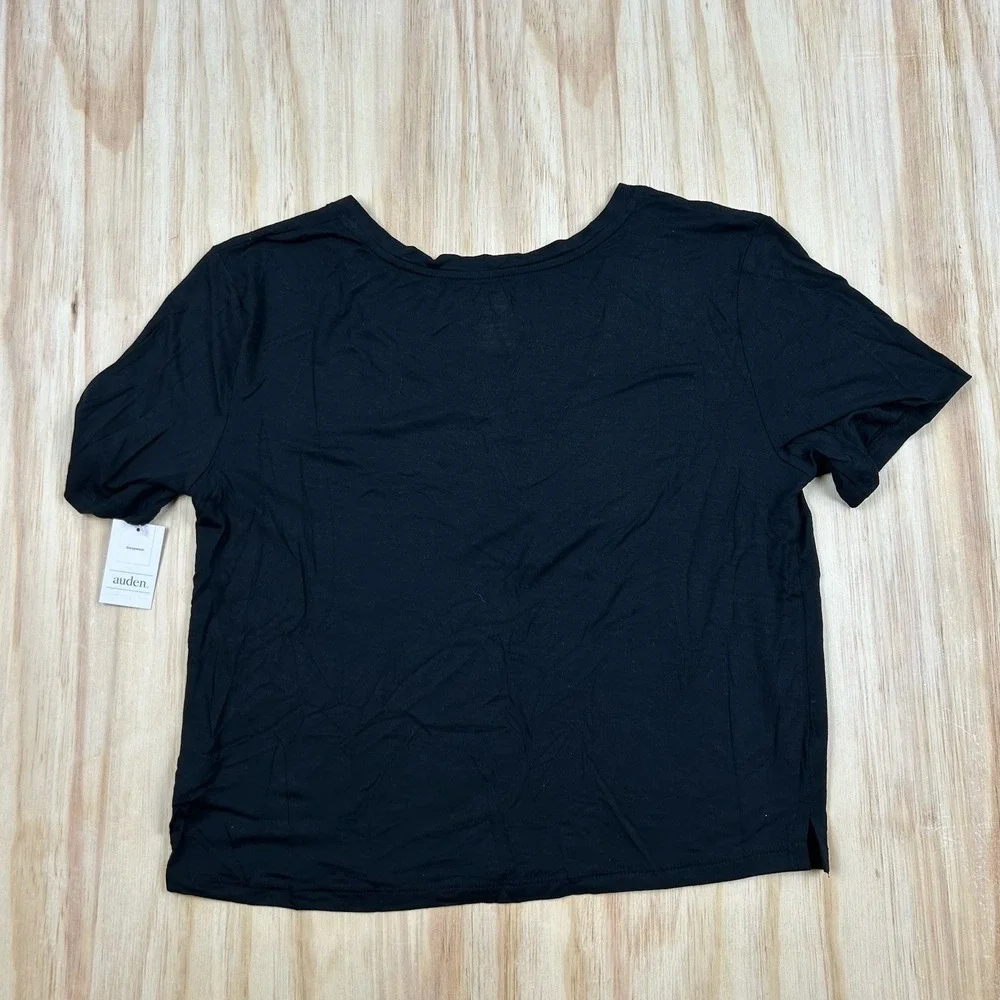 Auden NEW L V-Neck Cloud Knit Sleepwear Short Sleeve Tee‎ Top Black Women